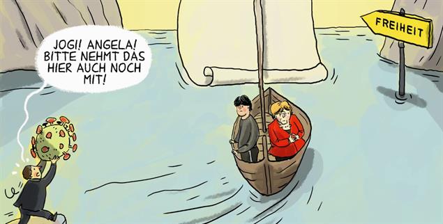 Gemeinsam auf zu neuen Ufern? Angela Merkel und Jogi Löw geben in diesem Jahr ihre Ämter auf. (Zeichnung: pa/dieKLEINERT/Maurer