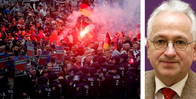 Militante Fremdenfeindlichkeit in Chemnitz: Für den früheren Pfarrer Christian Wolff ist es entscheidend, dass die Kirchen, Führungspersönlichkeiten und Bürger jetzt klar Stellung beziehen gegen Pegida und AfD.  Er nennt daneben konkrete Forderungen an die Politik (Fotos: pa/Reuters/Matthias Rietschel; pa/zb/Peter Endig)