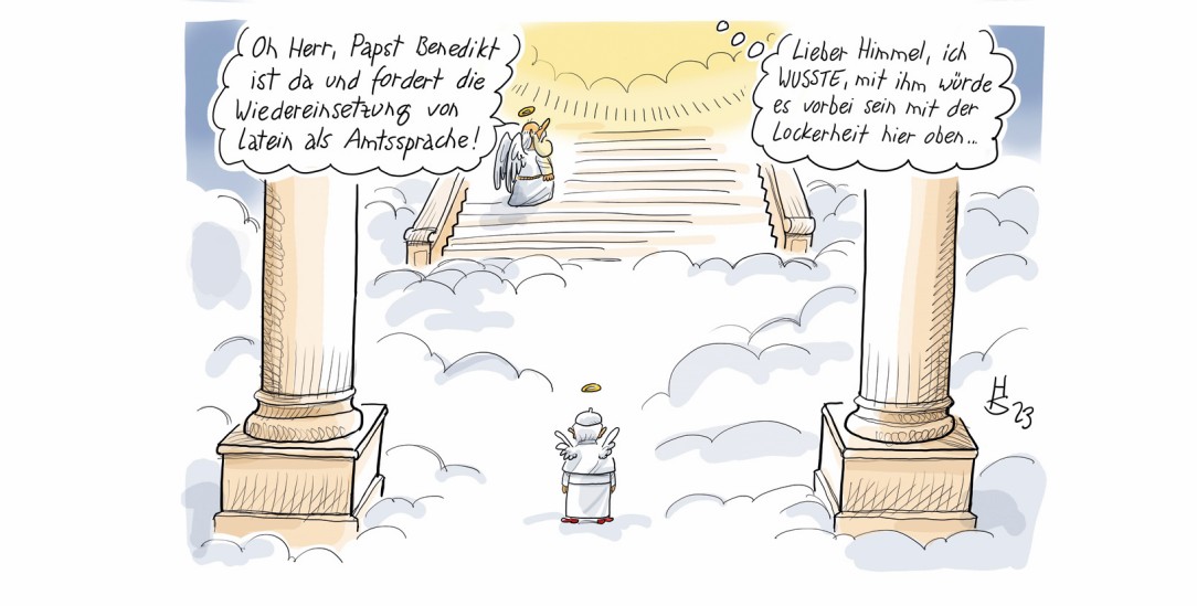 Joseph im Paradies: Auch im Himmel brechen neue Zeiten an. (Zeichnung: Heiko Sakurai)