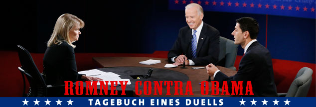 Ein Lächeln für den Gegner: Vizepräsident Joe Biden (links) schlug sich gut im Rededuell mit dem nominierten Vize der Republikaner, Paul Ryan. Zum Punkt moderierte Martha Raddatz am Abend des 11. Oktober 2012 in Danville, Kentucky.   
(Foto: pa/landov/Rick Wilking)