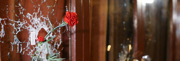 Blumen hängen in Einschusslöchern in der Rue Alibert in Paris. Europa trauert um die 132 Opfer der Anschläge. Es waren überwiegend junge Menschen, die starben (Foto: pa/dpa/Malte Christians)