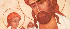 Gemälde aus Emmaus in Israel: Jesus sitzt auf dem Arm seines Vaters Josef und liest in der Thora (Foto: pa/Godong/Robert »Icon of Jesus as a Jew, Emmaus-Nicopolis, Israel«)