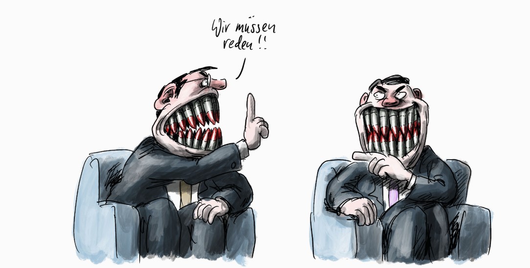 Wer bis an die Zähne bewaffnet ist, kann kaum glaubhaft vom Frieden reden (Zeichnung: Stuttmann)