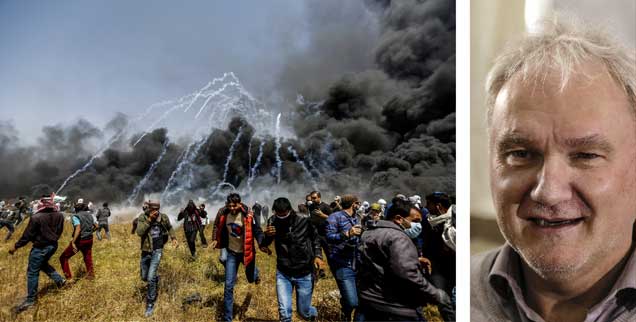Palästinensische Demonstranten gehen bei Protesten im Gaza-Streifen in Deckung: "Mit großer Sorge schauen viele Menschen dem 15. Mai entgegen, dem Tag der Nakba. Noch dazu hat Donald Trump angekündigt, just am Tag zuvor die US-Botschaft in Jerusalem eröffnen zu wollen", sagt Matthias Schmale (rechts).  (Fotos: pa/ Talatene; pa/Nassar)

