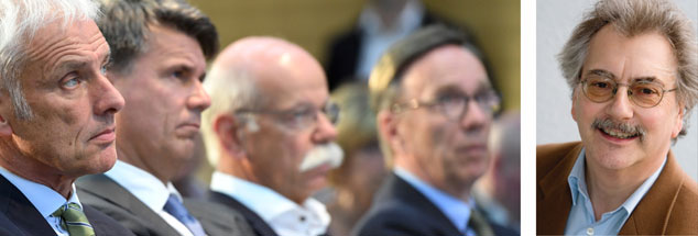 Vier, die kein Konzept für die Zukunft haben: Matthias Müller (links), Vorstandsvorsitzender der Volkswagen AG, Harald Krüger, Vorstandsvorsitzender der BMW AG, Dieter Zetsche, Vorstandsvorsitzender der Daimler AG, und Matthias Wissmann, Präsident des Verbands der Automobilindustrie. "Sie gefährden Wirtschaft und Demokratie", sagt Wolfgang Kessler (rechts).  (Foto: pa/dpa/Maurizio Gambarini)