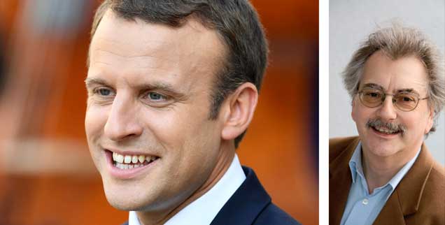 Emmanuel Macron (links) ist zu beneiden, findet Publik-Forum-Chefredakteur Wolfgang Kessler (rechts). Nur nicht um die wirtschaftspolitischen Hürden, die vor ihm liegen. (Foto: pa/abaca)