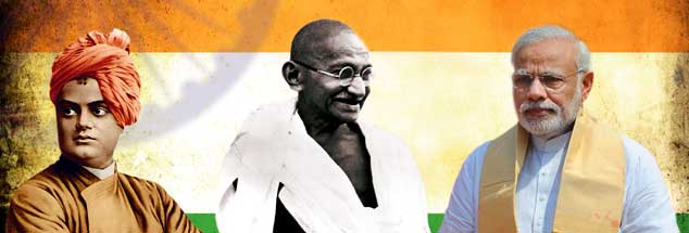 Was bleibt vom spirituellen Erbe Indiens? Vivekananda (links), Gandhi und Ministerpräsident Modi. (Fotos: pa; pa/akg; pa/chakraborty; fotolia/alexandr)