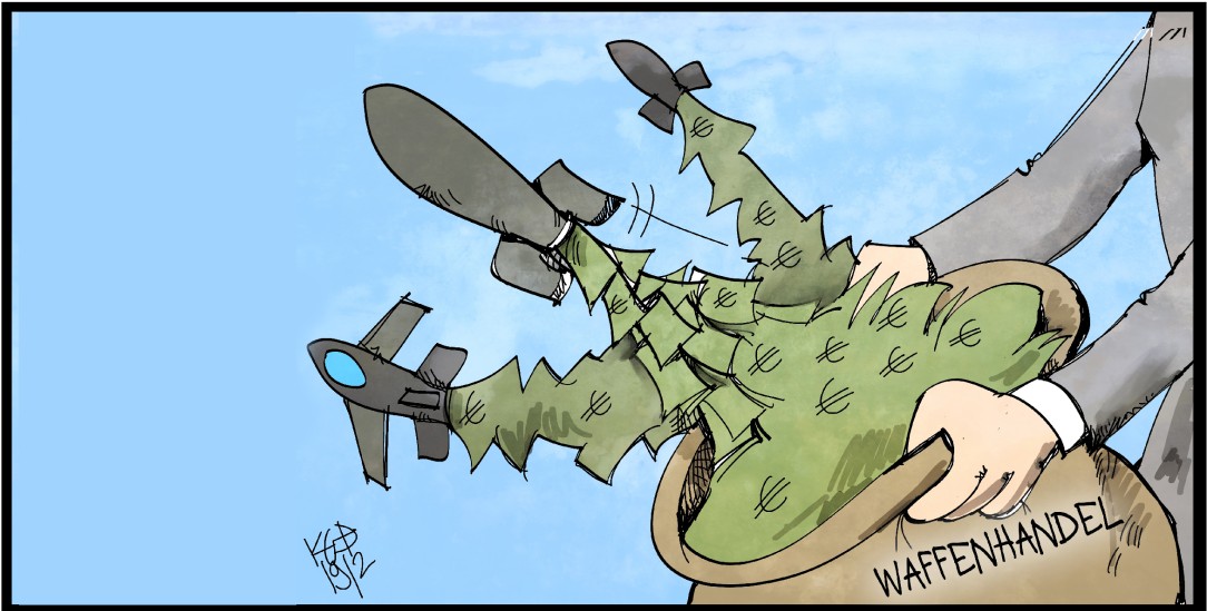 Waffen für die Welt: Deutschland liefert Rüstungsgüter – über Umwege auch in Kriegsgebiete (Illustration: pa/Kostas Koufogiorgos)