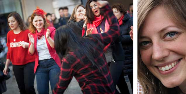 Heute ist internationaler Frauentag. Höchste Zeit, endlich Schönes und Sinnvolles zu tun. Was das ist, kann jede Frau selbst entscheiden. Links im Bild tanzen Italienerinnen aus Protest gegen Gewalt an Frauen. "Wenn ich nicht tanzen kann, ist es nicht meine Revolution", sagte die Friedensaktivistin, Feministin und Anarchistin Emma Goldman. Recht hat sie, findet Publik-Forum-Redakteurin Anne Strotmann (rechts)