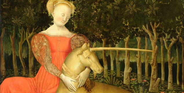 Zahm: Das beliebte Motiv »Jungfrau mit Einhorn« geht auf eine frühchristliche Schrift zurück, den Physiologus, eine Art theologische Tierkunde. Darin wird die Jungfrau mit Maria identifiziert, das Einhorn mit Christus. Dieses Bild aber ist profan, ein Porträt der Caterina Corner als Allegorie der Keuschheit (um 1467). Das gefangene Einhorn wendet sich unruhig ab.