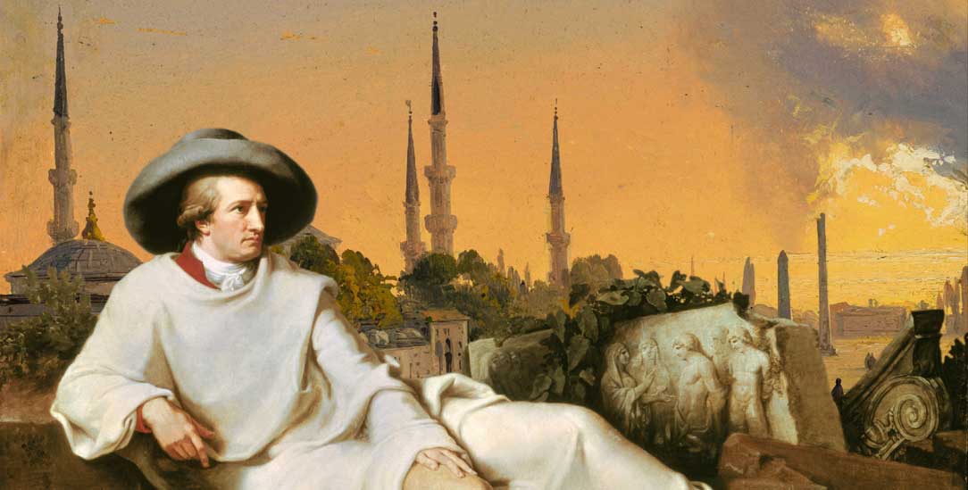 Dieses Bild hat Tischbein so nicht gemalt: In den Orient reiste Goethe nur in seiner Fantasie; solche Minarette gab es während seiner Italienreise 1786/87 dort nicht (Bildmontage: Publik-Forum; Bildmaterial: pa/akg; pa/heritage-images)
