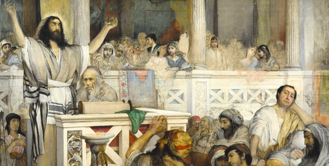 Jesus predigt in der Synagoge von Kapharnau. Gemälde von Maurycy Gottlieb aus dem Jahr 1878 (Heritage Image Partnership Ltd / Alamy Stock Photo)