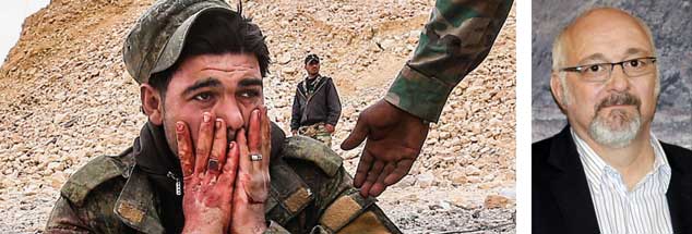 Krieg in Syrien: Ein verletzter Soldat der Regierungsarmee schaut mit Entsetzen auf die Verheerungen in Palmyra. Jürgen Grässlin (rechts) sagt: »Immer wieder tauchen deutsche Kriegswaffen in Syrien auf.« (Fotos: pa/Valery Sharifulin; pa/gbrci/Geisler-Fotopress)

