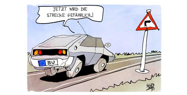 Rechts abgebogen: Die EU steht nach der Wahl deutlich geschwächt da. (Zeichnung: PA/dieKLEINERT/Kostas Koufogiorgos)