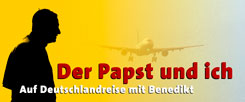 Papst Benedikt XVI. im Anflug auf Deutschland: Am Donnnerstag, 22. September, wird er in den späten Vormittagsstunden in Berlin erwartet. Von dort aus wird das Publik-Forum-Reisetagebuch "Der Papst und ich" fortgeführt. Es schreiben neben Britta Baas auch Bettina Röder, Ulrike Greim und Thomas Seiterich (Foto: pa)