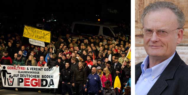 Irrationale Ängste liegen dem Pegida-Protest zugrunde, meint der Bürgerrechtlicher Friedrich Schorlemmer. Er erwidert darauf: »Ihr seid nicht das Volk! Ihr seid eine gespenstische Minderheit! Und wenn ihr noch so laut brüllt.« Das Foto zeigt die letzte Kundgebung in Dresden vor Jahresende 2014. Doch auch 2015 gehen die Demonstationen weiter, mit immer mehr Beteiligten. (Foto: Arno Burgi/dpa)