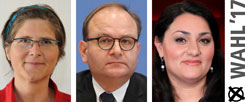 Jutta Sundermann, Ottmar Edenhofer, Lamya Kaddor: Wem geben sie morgen ihre Stimme? (Fotos: pa/dpa/Horst Galuschka; pa/dpa/Wolfgang Kumm; pa/ Eventpress Stauffenberg)