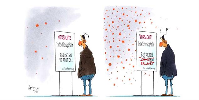 Corona-Lockerungen: Kein Grund zur Freude (Zeichnung: Mester)