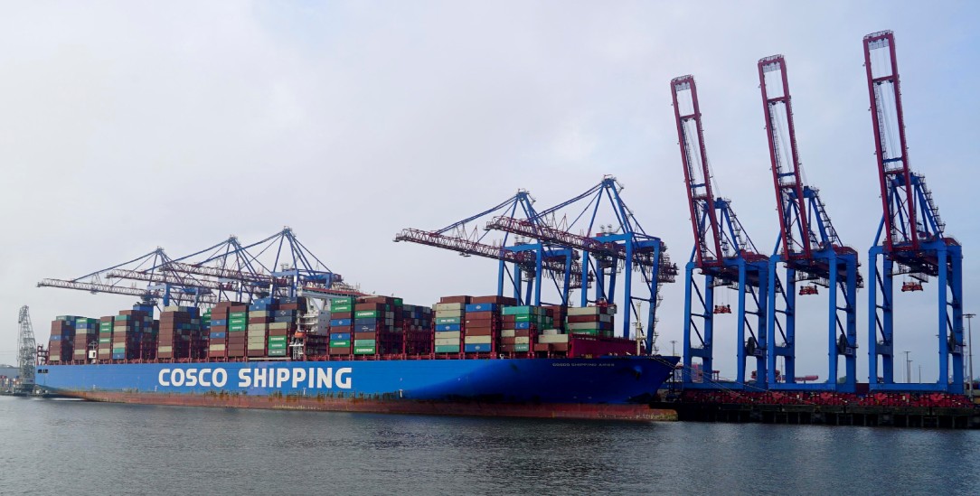 Container-Schiff der chinesischen Firma Costco in Hamburg: Einkauf ins Deutsche Tor zur Welt. (Foto: picture alliance)
