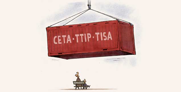 CETA, TTIP, TISA: Erschlagend, wenn man nichts dagegen tut. (Zeichnung: Mester)