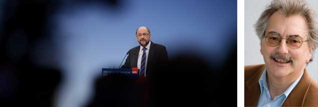 Martin Schulz bei seiner kämpferischen Rede auf dem Sonderparteitag am 21. Januar 2018 in Bonn: Wie viel kann der schwarze Zeitgeist der gerade sehr lebendigen SPD anhaben? »Die Sozialdemokraten haben bei den Sondierungen Einiges erreicht», sagt Wolfgang Kessler (rechts). (Fotos: pa/Krick/CITYPRESS24; privat)