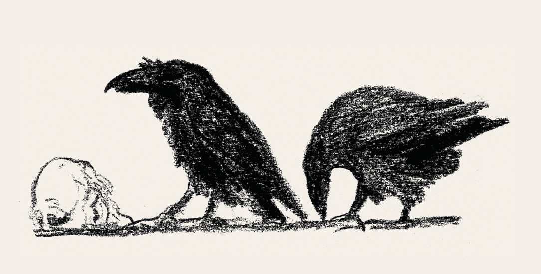Erzählen Odin viel, aber nicht alles: Die Raben Hugin und Munin. (Illustration: © Johannes Grützke/ Aufbau Verlag, © VG BildKunst, Bonn 2026)