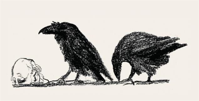 Erzählen Odin viel, aber nicht alles: Die Raben Hugin und Munin. (Illustration: © Johannes Grützke/ Aufbau Verlag, © VG BildKunst, Bonn 2026)