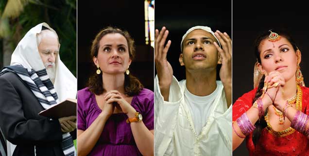 An wen richten sich ihre Gebete? Ein Jude mit Gebetsschal, eine Christin, ein junger Muslim und eine Hinduistin. (Fotos: istockphoto: Tovfla; Juanmonino (2); Yourapechkin)