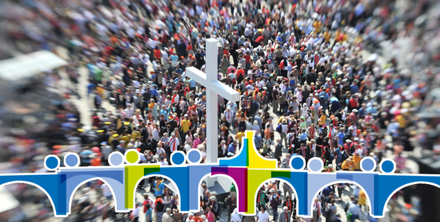 Tausende katholische Menschen auf dem Katholikentag, die sich nicht mehr fürs Beichten interessieren. Oder doch? (Foto: pa/dpa/Uli Deck; Grafik: www.katholikentag.de)