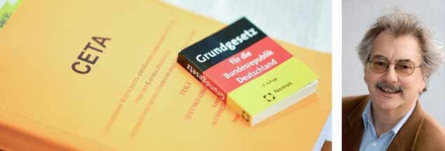 Die CETA-Papiere und das Grundgesetz liegen am 13.10.2016 in Karlsruhe vor Verhandlungsbeginn im Gerichtssaal: Nur wenig später wies das Bundesverfassungsgericht mehrere Eilanträge gegen eine Zustimmung Deutschlands zum Freihandelsabkommen ab. »Schockierend«, findet Wolfgang Kessler (rechts). (Fotos: pa/Anspach; privat)

