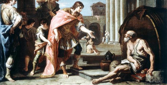 Antiker Begründer der Tiny-House-Bewegung: Der Philosoph Diogenes in seiner berühmten Tonne, hier im Gespräch mit Alexander dem Großen: »Geh mir aus der Sonne« (Foto: pa/Art Media/Heritage Images)