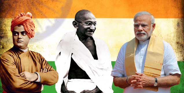 Was bleibt vom spirituellen Erbe Indiens? Vivekananda (links), Gandhi und Ministerpräsident Modi. (Fotos: pa; pa/akg; pa/chakraborty; fotolia/alexandr)