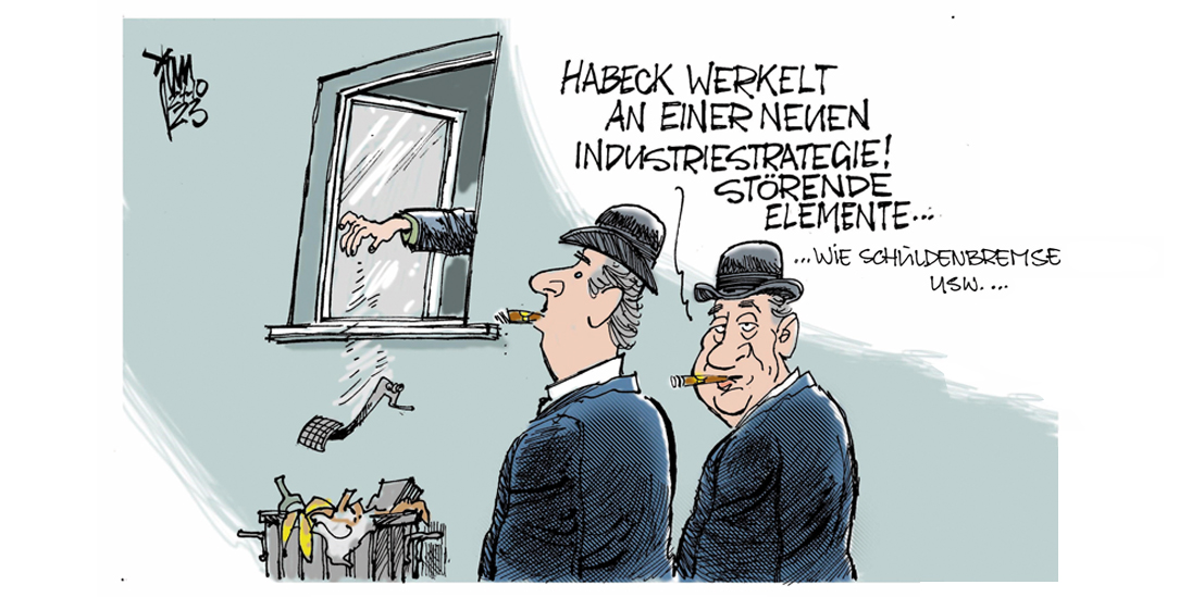 Immer weiter; Robert Habecks Industriepolitik unterscheidet sich nicht wesentlich von der seiner Vorgänger. (Zeichnung: Jürgen Janson)