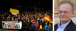 Irrationale Ängste liegen dem Pegida-Protest zugrunde, meint der Bürgerrechtlicher Friedrich Schorlemmer. Er erwidert darauf: »Ihr seid nicht das Volk! Ihr seid eine gespenstische Minderheit! Und wenn ihr noch so laut brüllt.« Das Foto zeigt die letzte Kundgebung in Dresden vor Jahresende 2014. Doch auch 2015 gehen die Demonstationen weiter, mit immer mehr Beteiligten. (Foto: Arno Burgi/dpa)