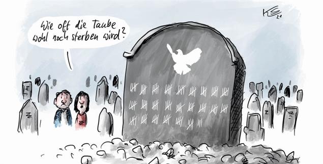 Entfesselte Gewalt und massenhaftes Sterben: Das heißt Krieg (Zeichnung: Klaus Stuttmann)