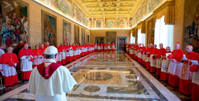Ein Papst (vorn) hat im Kardinalskollegium (hinten) nicht nur Freunde: Und Franziskus - hier zu sehen bei einer Versammlung im Vatikan - schon gar nicht. (Foto: pa/AP Photo/L'Osservatore Romano)