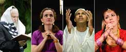 An wen richten sich ihre Gebete? Ein Jude mit Gebetsschal, eine Christin, ein junger Muslim und eine Hinduistin. (Fotos: istockphoto: Tovfla; Juanmonino (2); Yourapechkin)