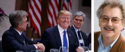 US-Präsident Trump in Davos "im Kreise seiner Lieben": Wirtschaftsbosse Bill McDermott (SAP), Joe Kaeser (Siemens). Unternehmen, die von den massiven Steuersenkungen in den USA profitieren, ziehen Geld und Arbeitsplätze aus Europa ab. "Gefährlich", sagt Wolfgang Kessler (rechts). (Foto: pa/ap/Vucci)
