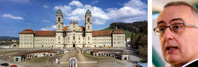 Kloster Einsiedeln in der Schweiz (links), hier war Martin Werlen (rechts) von 2001 bis 2013 Abt: Sein aktuelles Buch »Zu spät« rechnet mit den verpassten Chancen der Kirche ab. (Fotos: pa/dpa/Keystone Bally; privat)