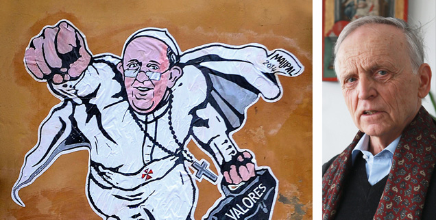 Papst oder Superman? Vielleicht ist »unser Mann in Rom« beides? Der Wiener Theologe Paul Michael Zulehner (rechts) hat eine Online-Aktion für Franziskus gestartet, um dessen Kritikern Paroli zu bieten. (Fotos: kna/Romano Siciliani; pa/Franz Gruber)