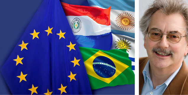 Noch in diesem Jahr will die EU-Kommission einen Freihandelsvertrag mit den Mercosur-Staaten Brasilien, Argentinien, Paraguay und Uruguay abschließen. Mercosur – das steht für »Mercado Común del Sur«, den »Gemeinsamen Markt Südamerikas«. Den großen Haken des Vertrags entdeckt Wolfgang Kessler (rechts). (Grafik: Info-Broschüre der Europäischen Kommission/ec.europa.eu; Foto:privat)
