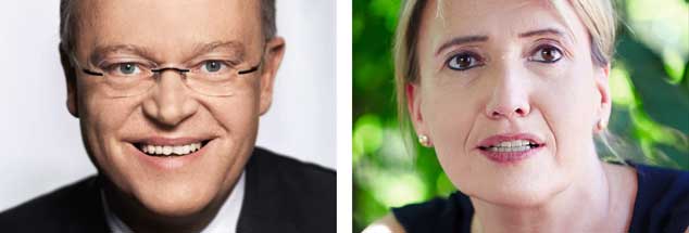 Stephan Weil, Sozialdemokrat und niedersächsischer Ministerpräsident, tritt für eine Steuersenkung ein, Simone Peter, Vorsitzende von Bündnis 90/Die Grünen, hält Investitionen und Entlastungen bei den Sozialabgaben für wichtiger (Fotos: HansButtermilch2010; Chaperon)