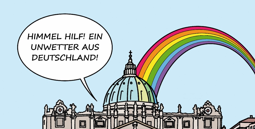 Himmel hilf, die Deutschen. Das Ansehen der deutschen Theologie und ihrer Theologinnen und Theologen ist in Rom auf einem historischen Tiefpunkt angekommen. (Zeichnung: pa/Die Kleinert/Martin Erl)