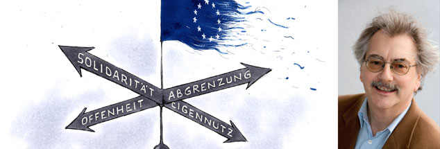 Welchen Weg geht Europa? Trifft es keine Entscheidung, wird es von zunehmender Gewalt, Rechtspopulismus und Angst zerstört, sagt Wolfgang Kessler (rechts). (Zeichnung: Mester; Foto: Publik-Forum)