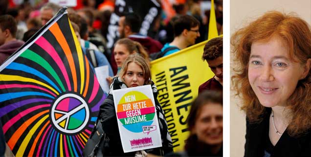 Teilnehmer einer Gegendemonstration gegen die Ausschreitungen Rechter in Chemnitz. »Wir müssen uns den Herausforderungen stellen«, sagt die Chemnitzer Pfarrerin Dorothee Lücke (Fotos:pa/Reuters/Hanschke; privat)