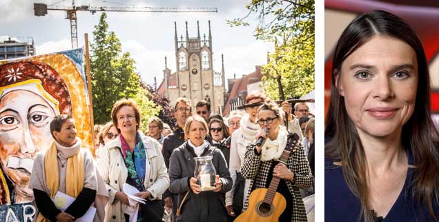 Mahnwache der Initiative "Maria 2.0" zum Auftakt des Frauentreiks am 12. Mai 2019 vor dem Dom in Münster (links). Kein Pardon für die Bischöfe: Buchautorin Christiane Florin (rechts). (Fotos: KNA; pa/Christoph Hardt/Geisler-Fotopres)
