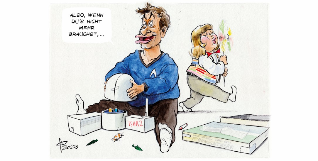 Und dann macht es Puff: Der Söder Markus aus Franken will sein Atomkraftwerk nicht hergeben (Zeichnung: PA/dieKLEINERT/Paolo Calleri)
