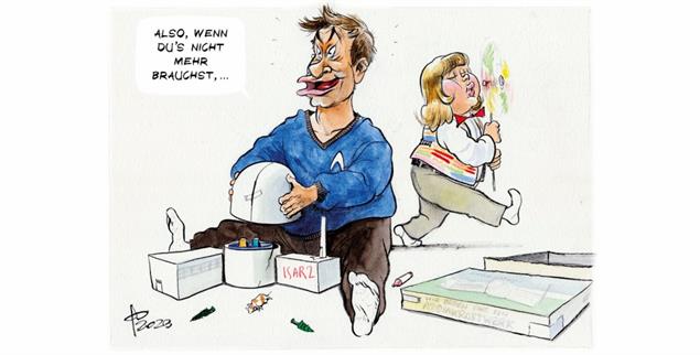 Und dann macht es Puff: Der Söder Markus aus Franken will sein Atomkraftwerk nicht hergeben (Zeichnung: PA/dieKLEINERT/Paolo Calleri)