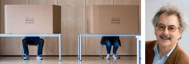 Wählen, aber wie? Für immer mehr Menschen bleibt die Wahlkabine dunkel; sie wählen gar nicht. Die Folge: Rechtspopulisten gewinnen gewaltig, wie jetzt bei den Kommunalwahlen in Hessen. Wolfgang Kessler ärgert sich über gelangweilte Bürger.  (Fotos: pa/dpa/Frank Rumpenhorst; Publik-Forum)