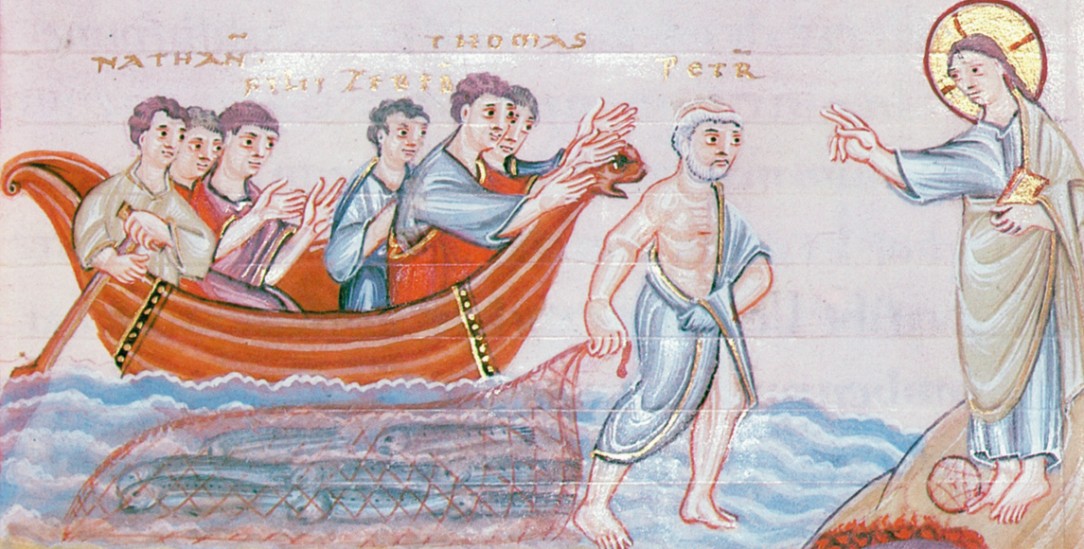 Über das Wasser schwanken: Zuerst geht Petrus ein paar Schritte, dann bekommt er Angst und versinkt. (Buchmalerei aus dem Codex Egberti, Quelle: Wikimedia)